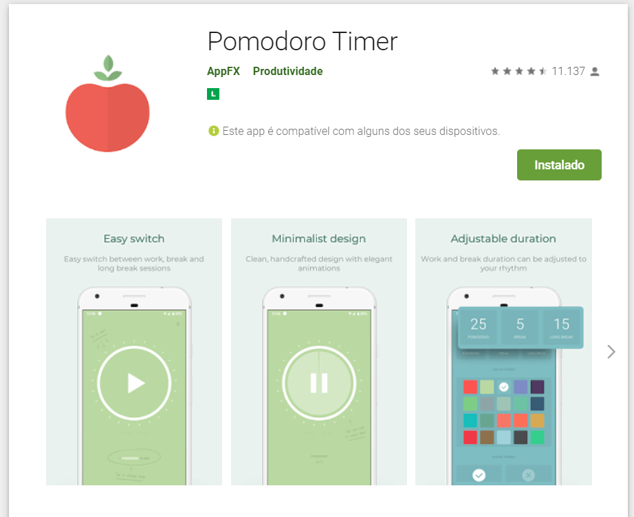 Screenshot do app Pomodoro Timer para Android